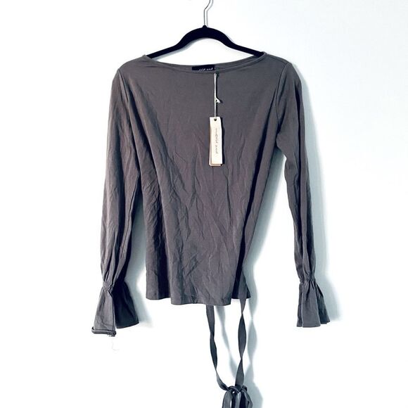 Mustard Seed Top Gray Medium Blouse Open Cut Out Back Ruffle Boho Long Sleeve - Picture 2 of 3